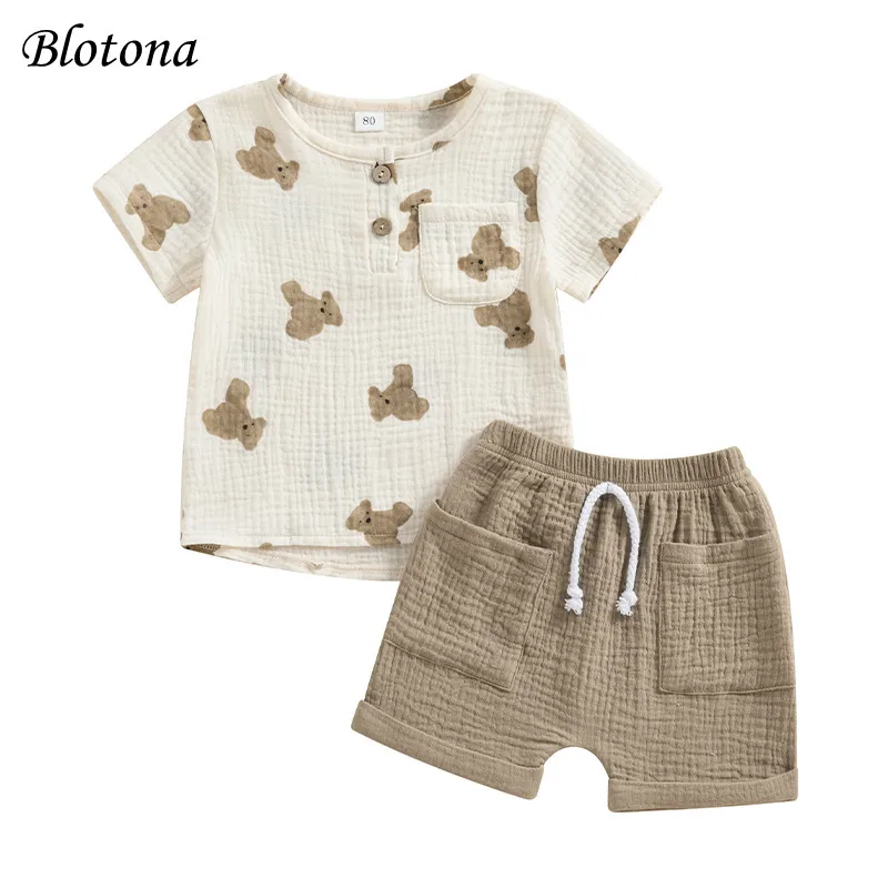 

Blotona Toddler Boy Summer Outfit Bear Print Short Sleeve with Pocket T-shirt Tops with Solid Color Shorts 2 Pcs Clothes 6M-4Y