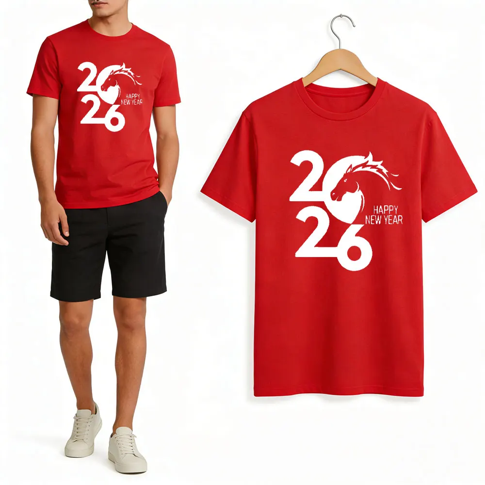 2026 السنة الجديدة للحصان سعيد الرجال قميص قصير الأكمام الصينية زودياك 2026 عيد الميلاد 2026 سنة الحصان موضة تي شيرت بلايز #4