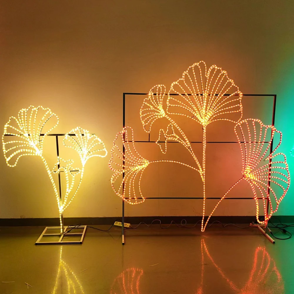 Custom Designed 2D LED Green Ginkgo Leaves Motif Lights for Commercial Outdoor Decorations Waterproof Lawn Garden Street IP65