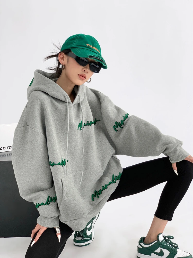 Deeptown Vintage Gray Oversize Hoodies Women Harajuku Hip Hop Embroidery Loose Sweatshirts Long Sleeve Casual Tops Grunge Korean