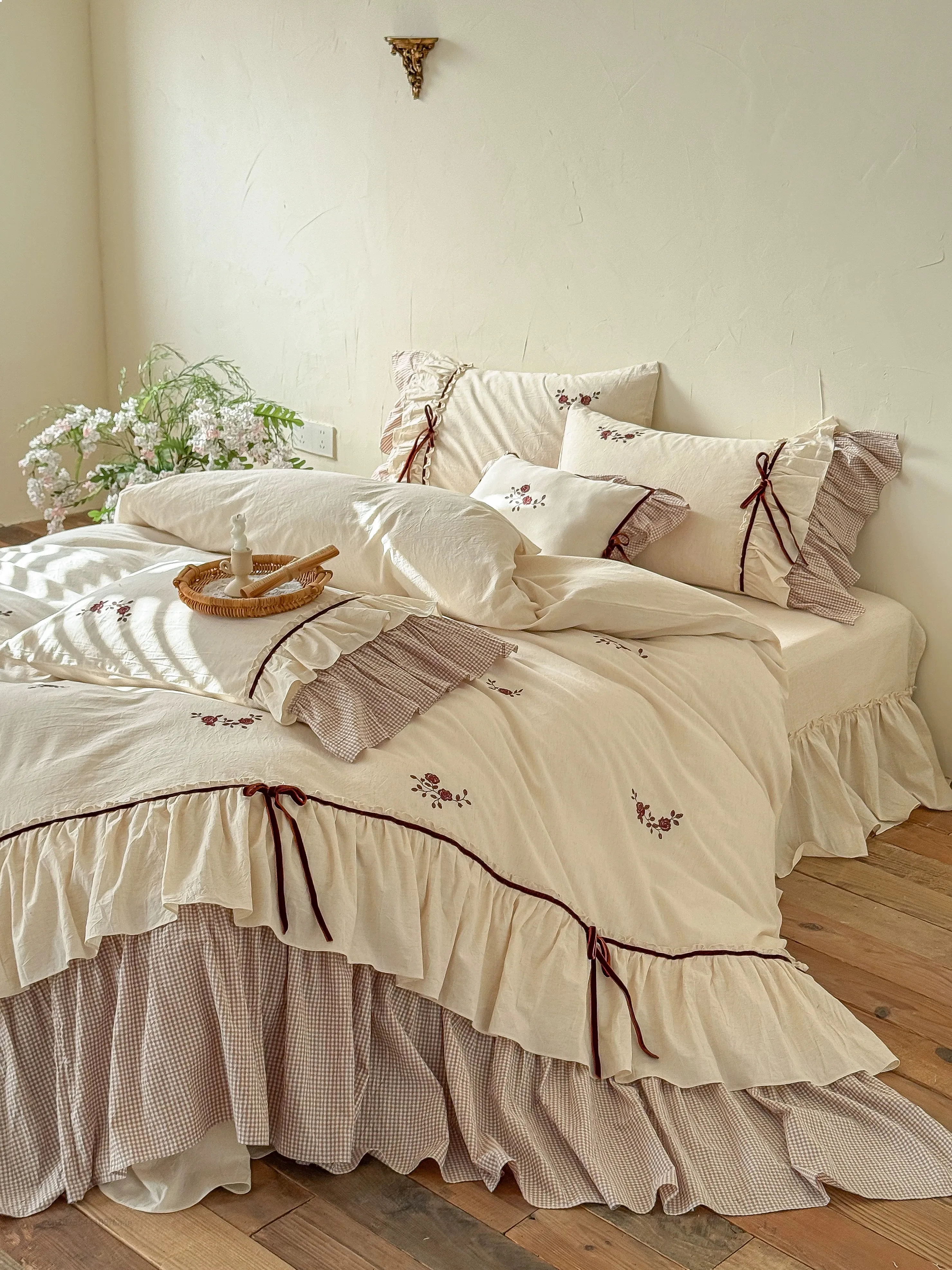 French Girl Style Cotton Linen Embroidery Bedding Set 4 Piece Floral Garden Boho Duvet Cover