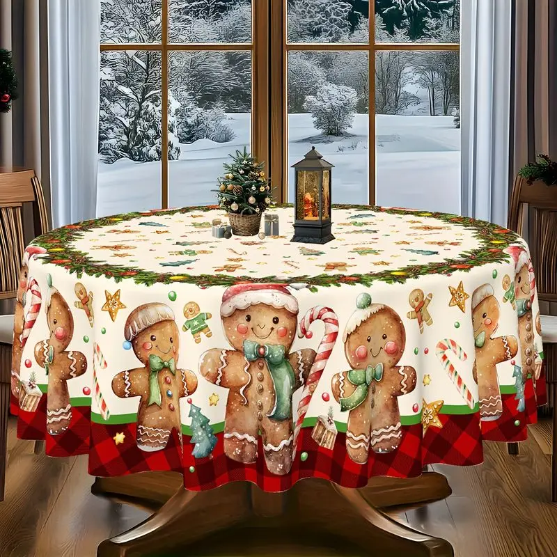 VIKAMA Gingerbread Man Round Table Cover Cream Farmhouse Candy Cane Xmas Tree Holly Wreath Red Plaid Christmas Tablecloth Decor
