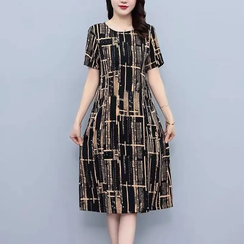 Vintage Fashion Printed Midi Dress Summer Casual Round Neck Female Clothing A-Line Waist Commute Short Sleeve Pockets Dresses