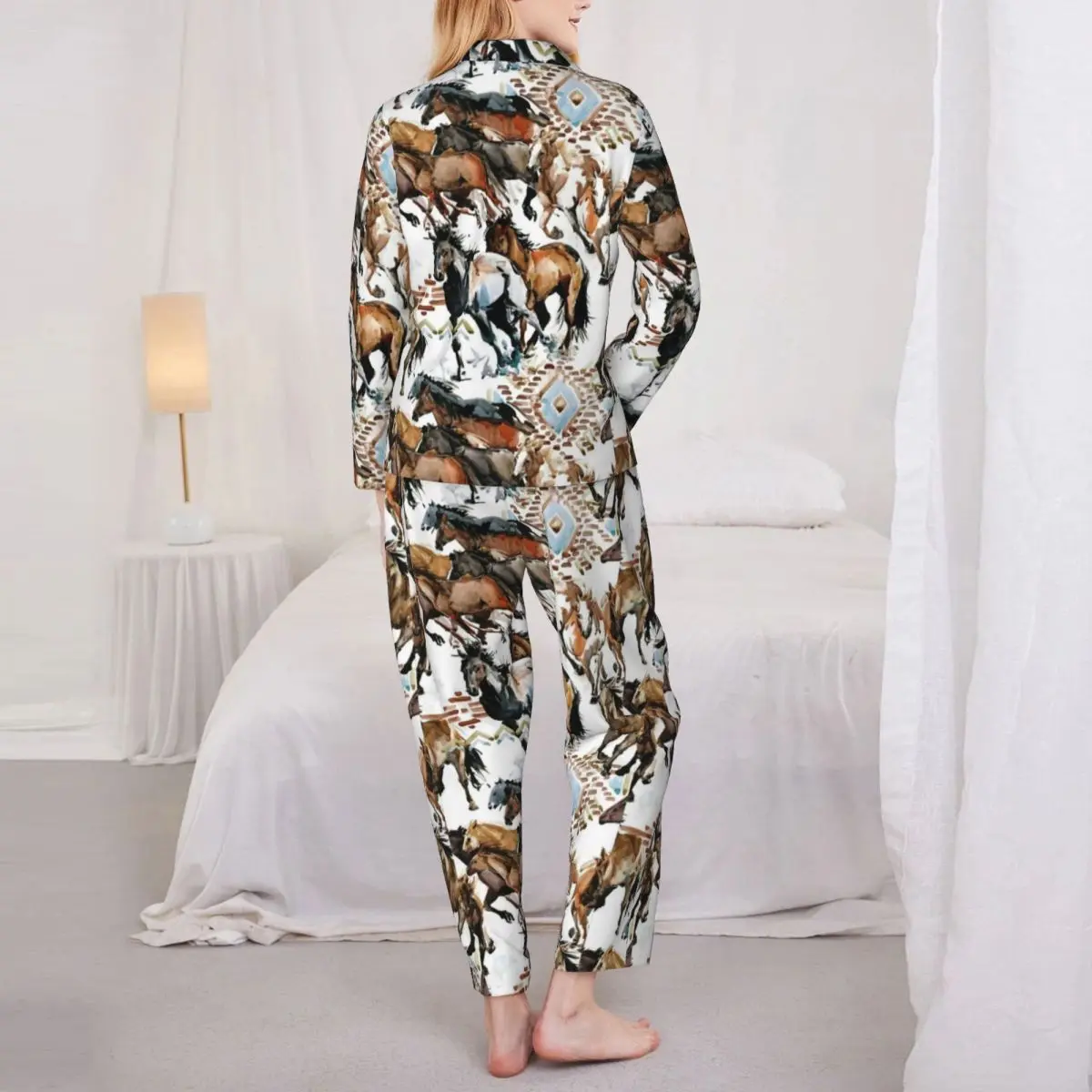 Wild Horse Lover Pajama Sets Animal Print Elegant Sleepwear Women Long Sleeve Vintage Night 2 Piece Home Suit Large Size