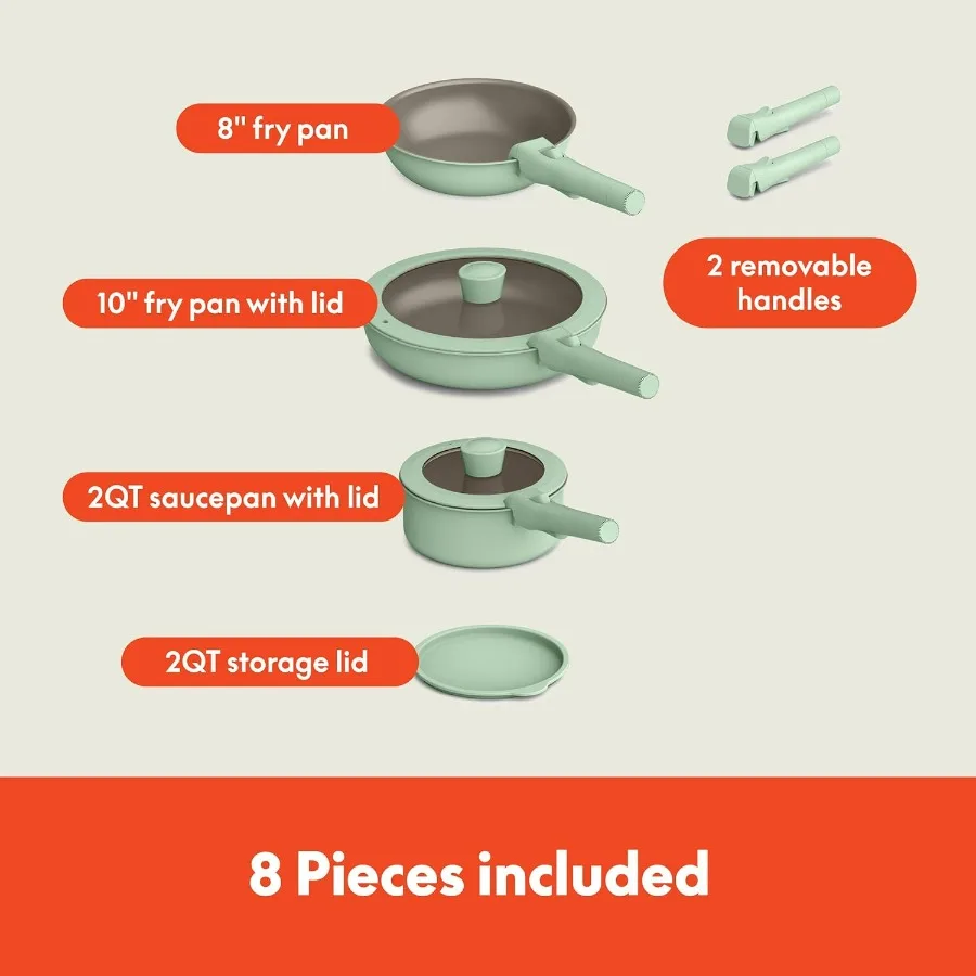 8 Piece Removable Handle Cookware Set Designed for Compact Kitchens with EverGood Ceramic Nonstick Coating Ideal for Any Kitche