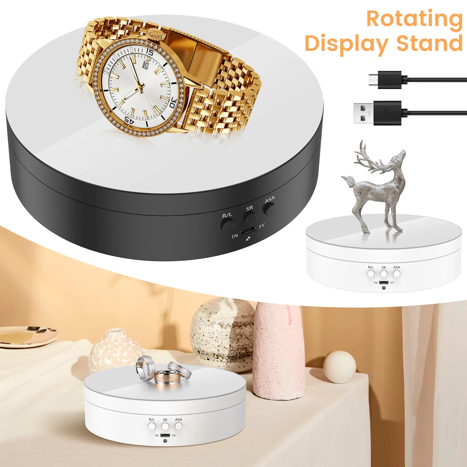 360° Rotation Electric Rotating Turntable Jewelry Rotating Display Stand Speed and Direction Adjustable Turntable Display Holder