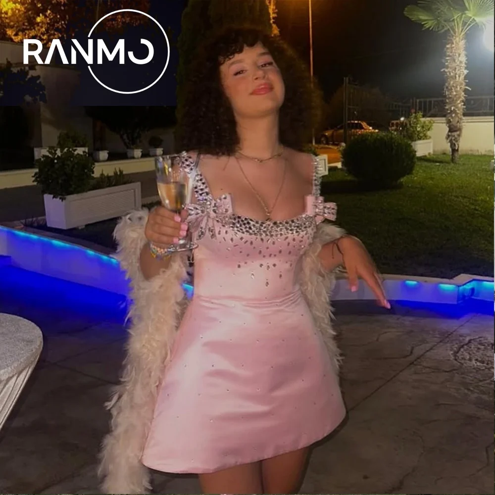 

Ranmo Новое элегантное розовое платье трапециевидной формы на бретельках для выпускного вечера с бантом и бисером, мини-длина выше колена, элегантные вечерние платья 2026