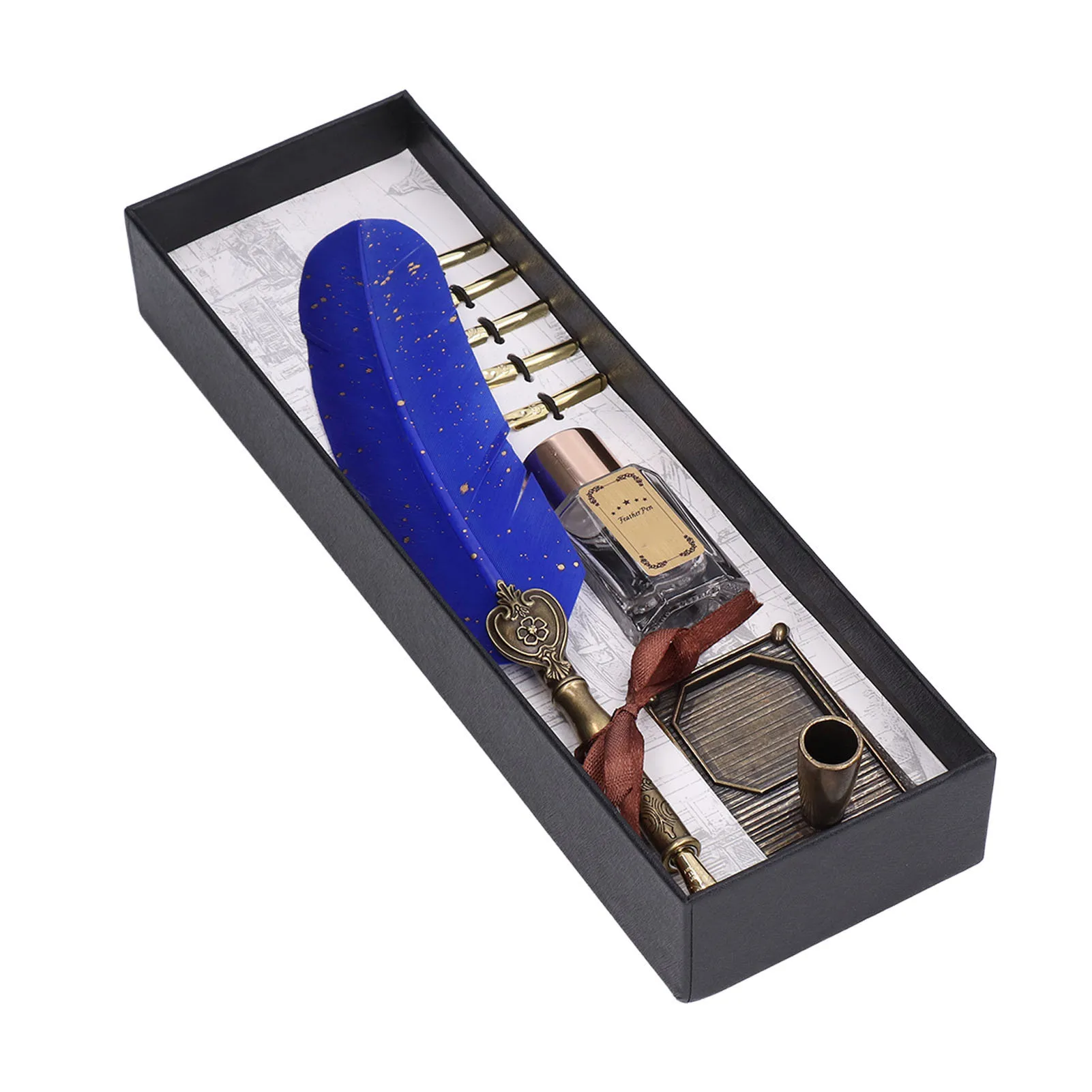 Feather Feather Dip Pen Set Deep Blue Metal Quill Pen Set Vintage Style Replaceable Nibs Calligraphy Pen Set Calligraphy Writing