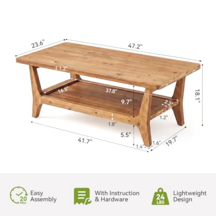 Solid Wood Coffee Table, 47-Inch Living Room Center Table with Shelf, 2-Tier, Smooth Corners, Lightweight, Easy Assembly, 23.6