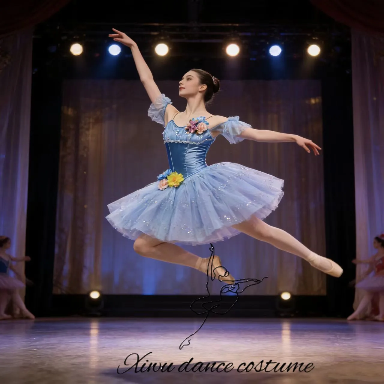 Robe tutu bleu ciel avec appliqués floraux 3D, manches bouffantes transparentes et tulle scintillant