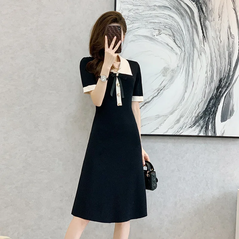 

Summer Women's Short Sleeved Dress Fashion Casual Solid Color Knitting Academic Style A-line Skirt