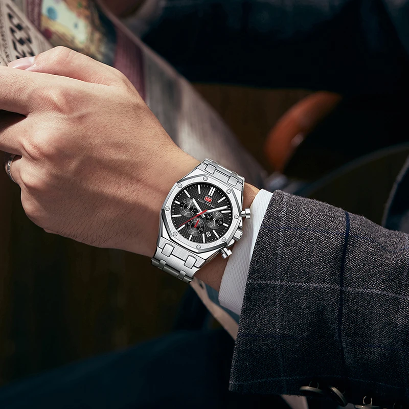 MINI FOCUS 0609 แฟชั่นนาฬิกาควอตซ์สําหรับชาย Multi-Function Luminous ปฏิทิน Chronograph กันน้ํา Casual นาฬิกาข้อมือผู้ชาย