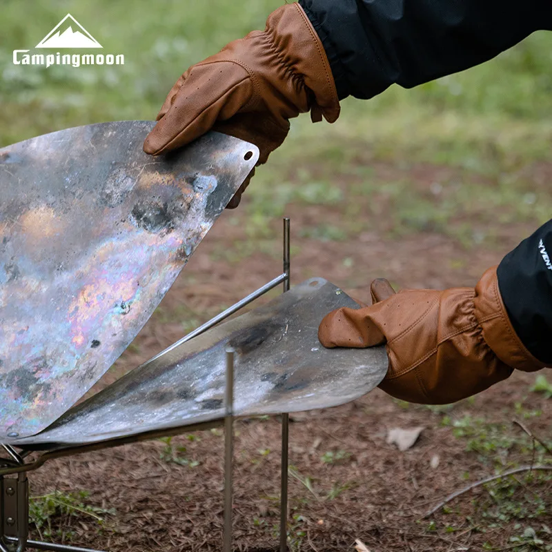 CAMPINGMOON Q27 Work Gloves Top-Grain Cowhide with Fleece Lining Warm Heat-Resistant Gloves for Camping and Handling Hot Objects