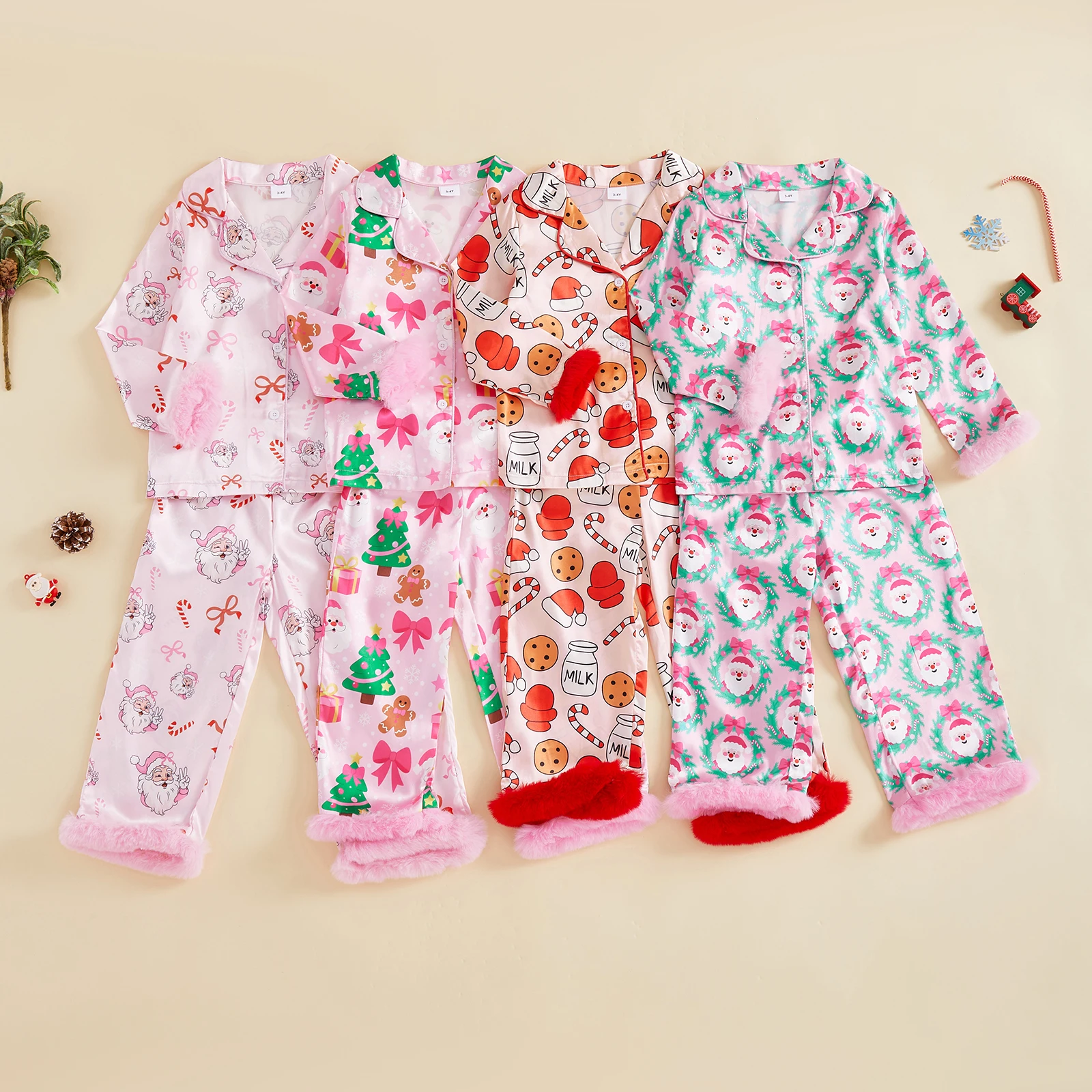 Girls Christmas Pajamas Set Long Sleeve Cookie/Tree Print Fur Cuffs Tops Pants Set Kids Xmas Sleepwear Homewear