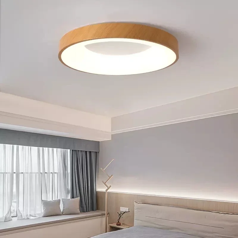 Plafonnier LED Mars en Bois Rond Ultra-Mince, Décoration Nordique de la Maison, Plafonnier à Gradation avec Télécommande pour Cuisine et Chambre