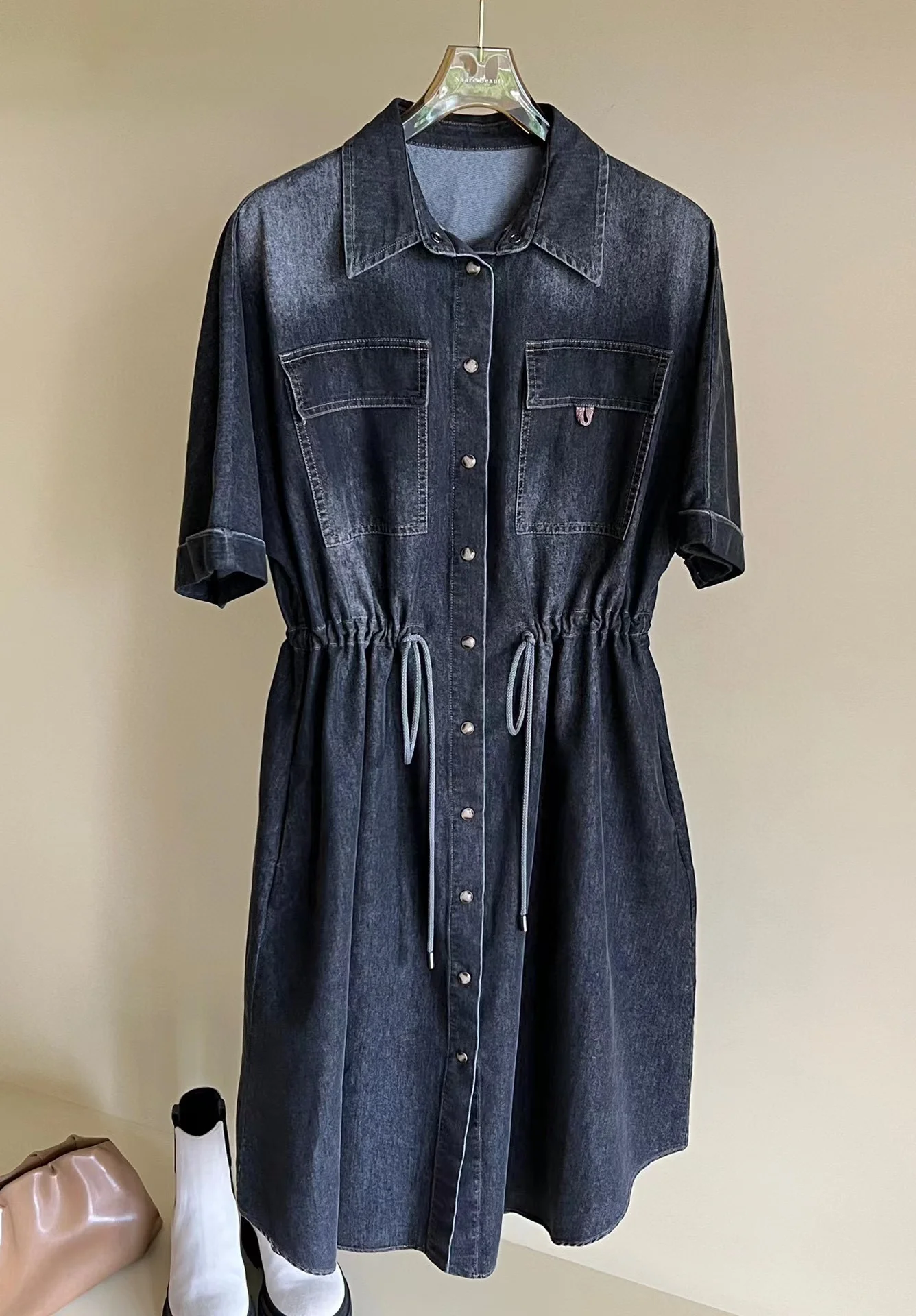 Denim Casual Loose Dress, Wide Waist Beads Embellished