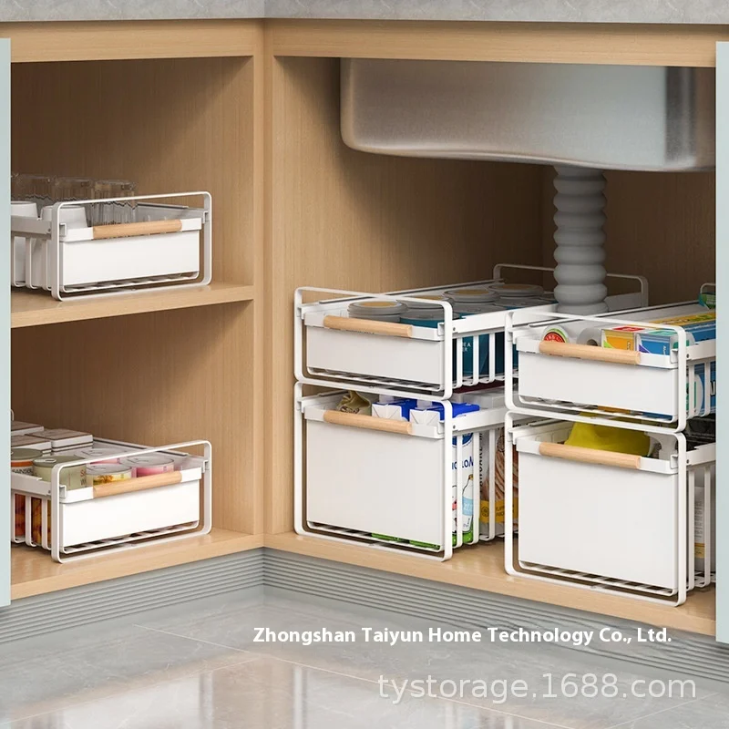 

OEM Double-Layer Pull-Out Storage Rack For Kitchen Lower Sink Storage Cabinet Metal Shelf For Small Home For Dinnerware