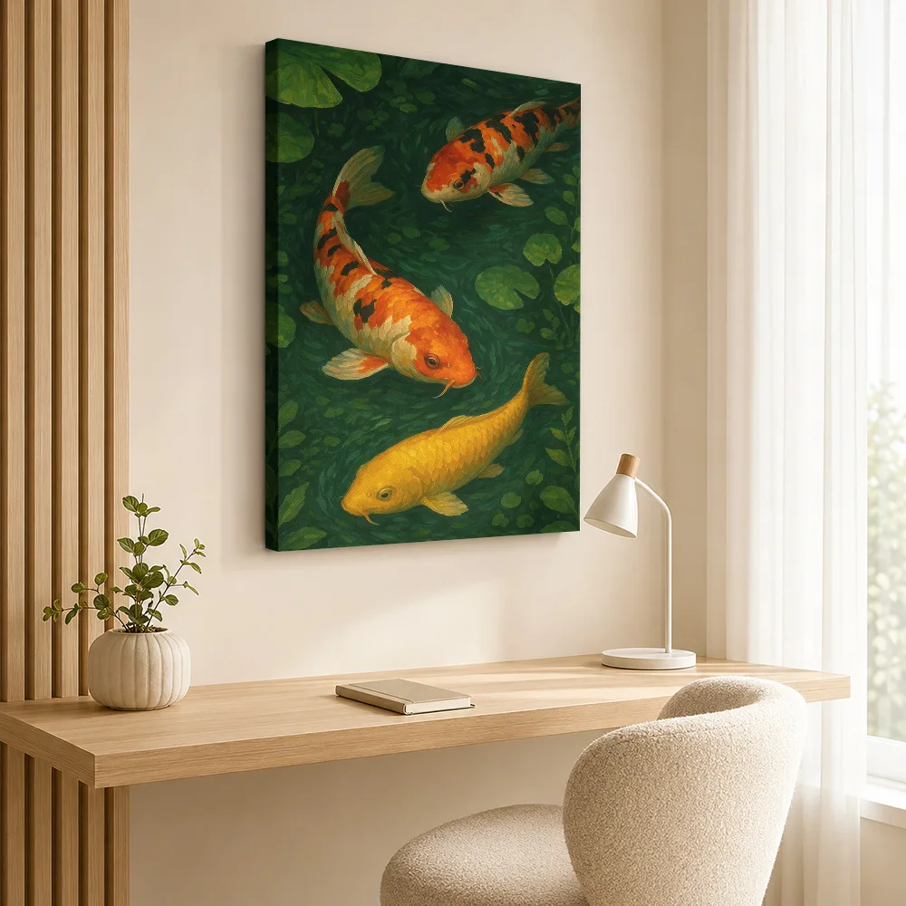Two Koi Among Lily Pads Canvas Poster Personalized Photo Expressive Brushwork Wall Art For Meditation Room, Fish Keeper Gift