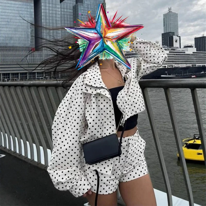 Buitenlandse Handel Europese en Amerikaanse Dameskleding Nieuwe Lente en Zomer Polka Dot Lange mouwen Jas Polka Dot Shorts Set