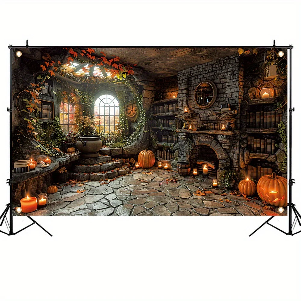 Magic bookshelf pumpkin lantern horror photography background, Halloween night ghost party photo booth supplies