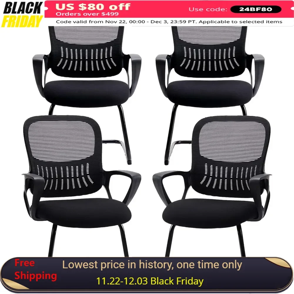 

Conference Chairs Set of 4 with Comfy Arms and Lumbar Support, Ergonomic Executive Sled Base Mesh, No Wheels Conference Chairs