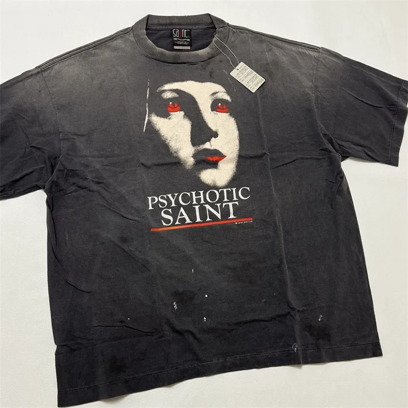 Women's Face Print SAINT MICHAEL T Shirts  Men Women 1:1 Best Quality Black Washed Hip Hop Oversized T Shirt