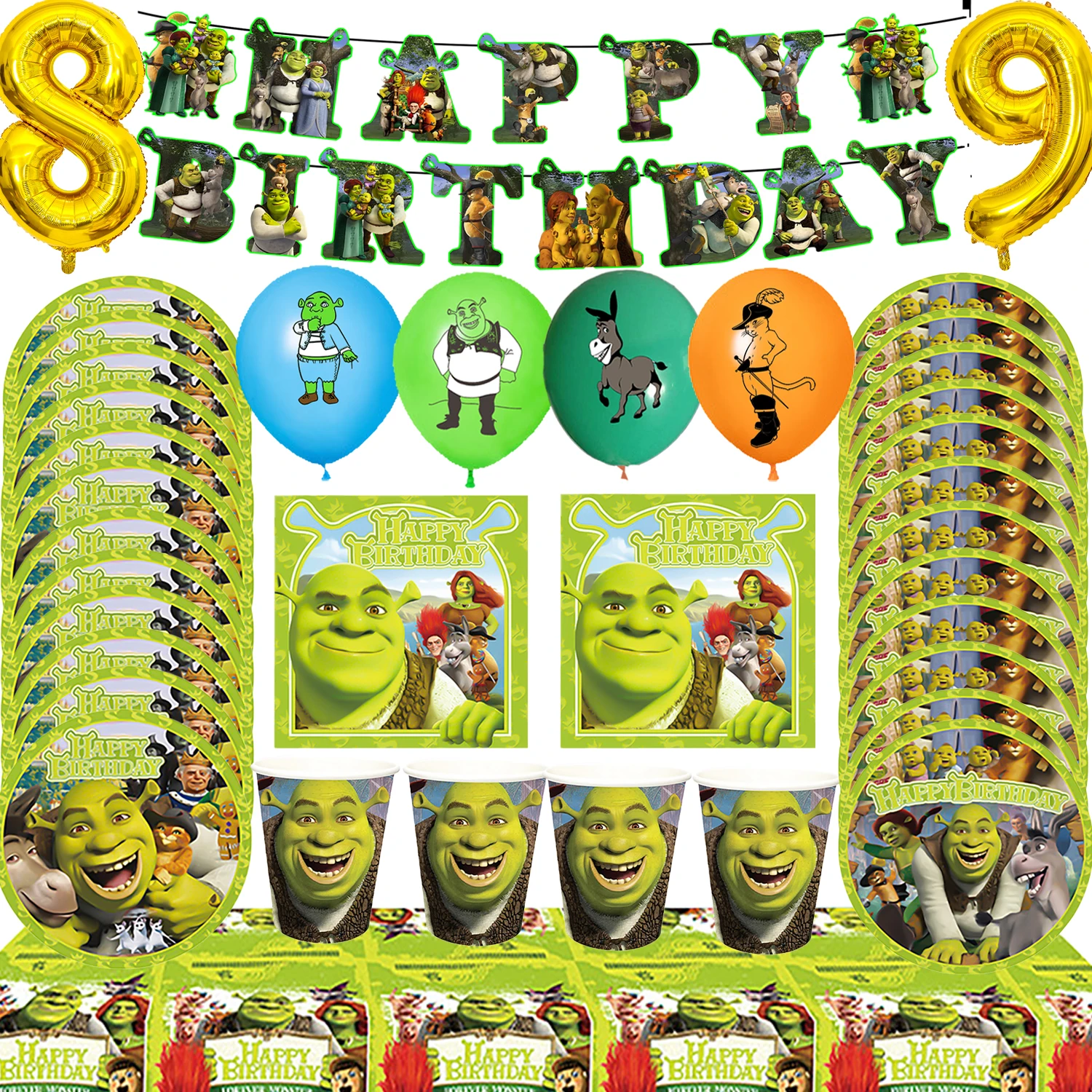 

Cartoon Green M-Monster & Shrek Happy Birthday Party Decorations Prince Donkey Princess Plate Cup Balloon Background Kids Gifts