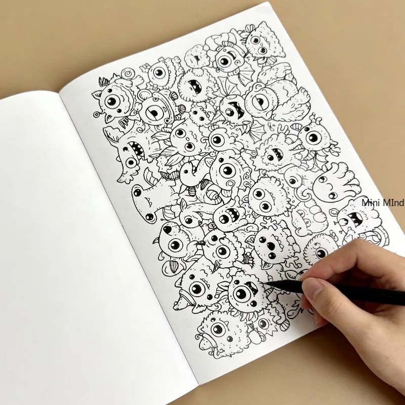 A Line Drawing Coloring Book With A Theme of Small Monsters, 28 Different Patterns, Large-sized Drawing Book, Art Creation Gift
