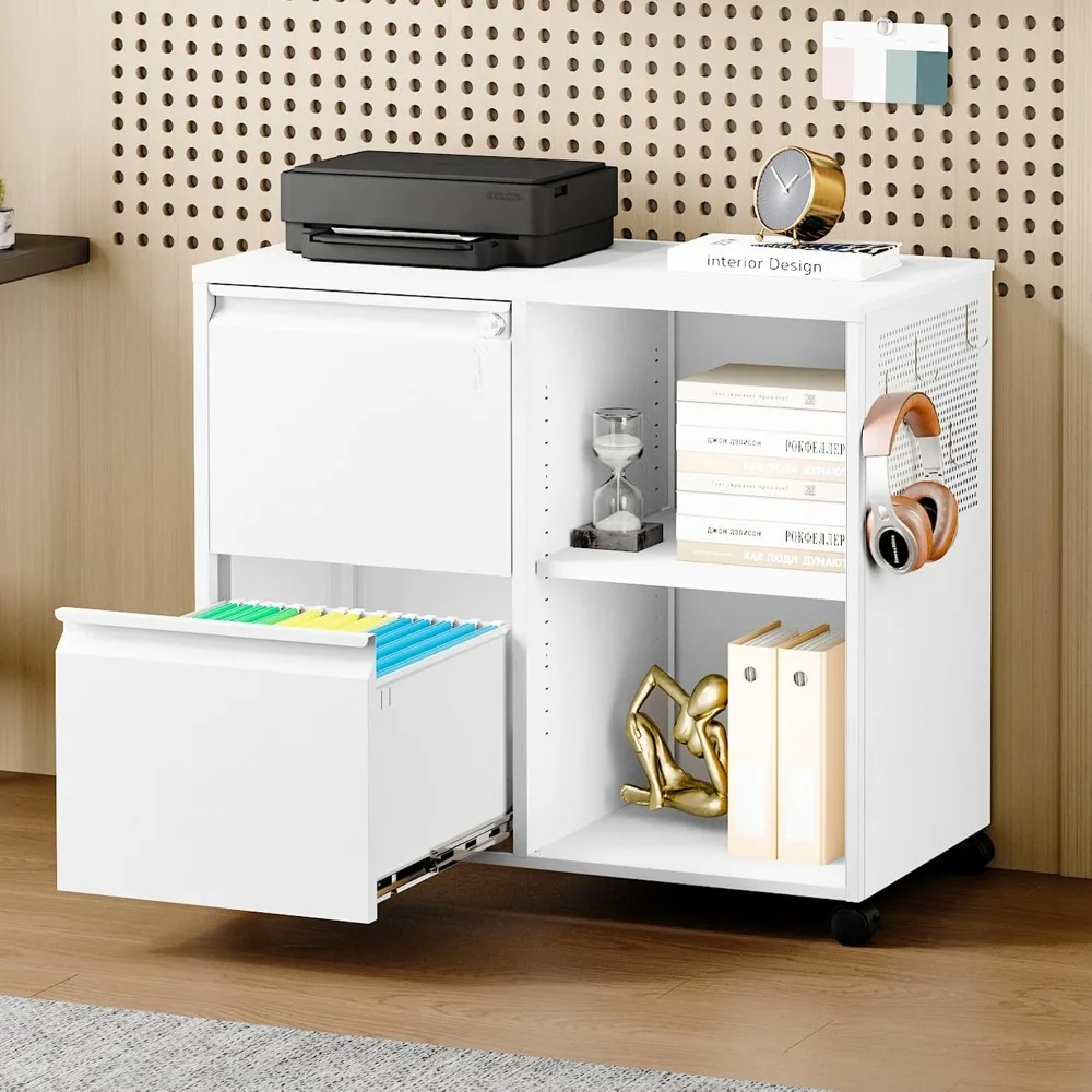 Metal 2 Drawer File Cabinet with Hook, Lockable Rolling Filing Cabinet for Letter A4 Legal, White