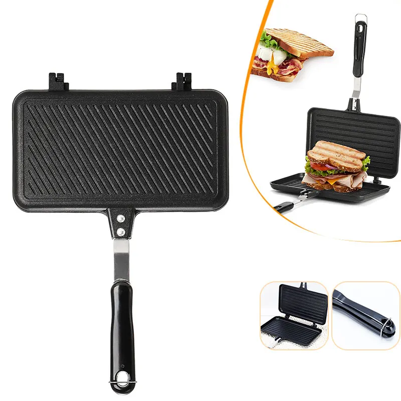 Non-stick Grill Sandwich Panini Maker Pan with Handle Stovetop Toasted Aluminum Flip Pan Indoor Outdoor Home Kitchen Breakfast