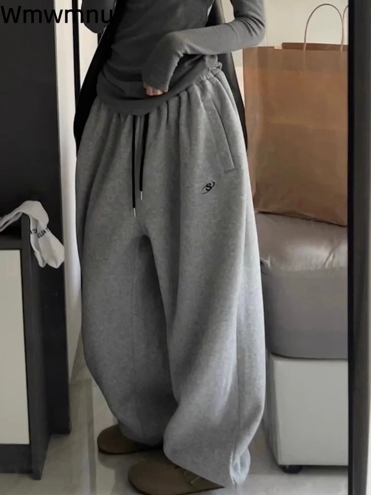 Drawstring Velvet Sweat Pants Women's Casual Baggy Elastic Lace-Up Pantalones Korean Fashion Loose Warm Trousers Spodnie
