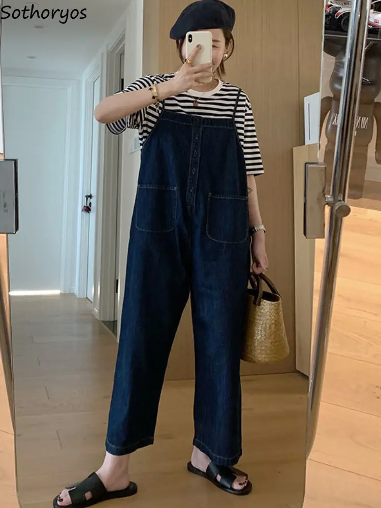 Denim Jumpsuits Women S-5XL Solid Loose Ulzzang Spring Ankle-Length Streetwear Casual All-match Pockets Straight Fashion Simple