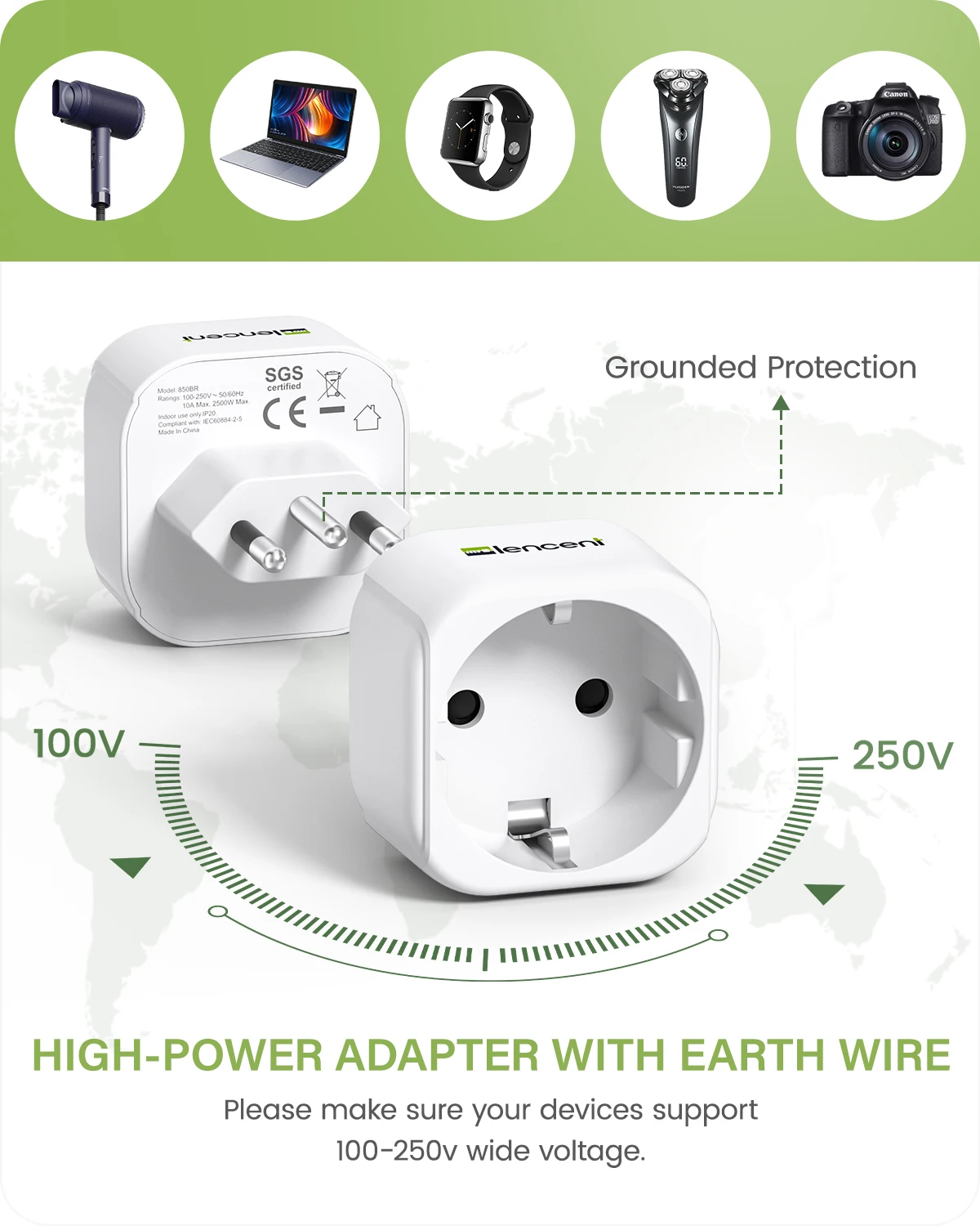LENCENT 2er-Pack Reiseadapter Netzteil Typ N Brasilien, Europa Deutsch 2 Pin auf BR 3 Pin Reisesteckeradapter für Brasilien Steckdose
