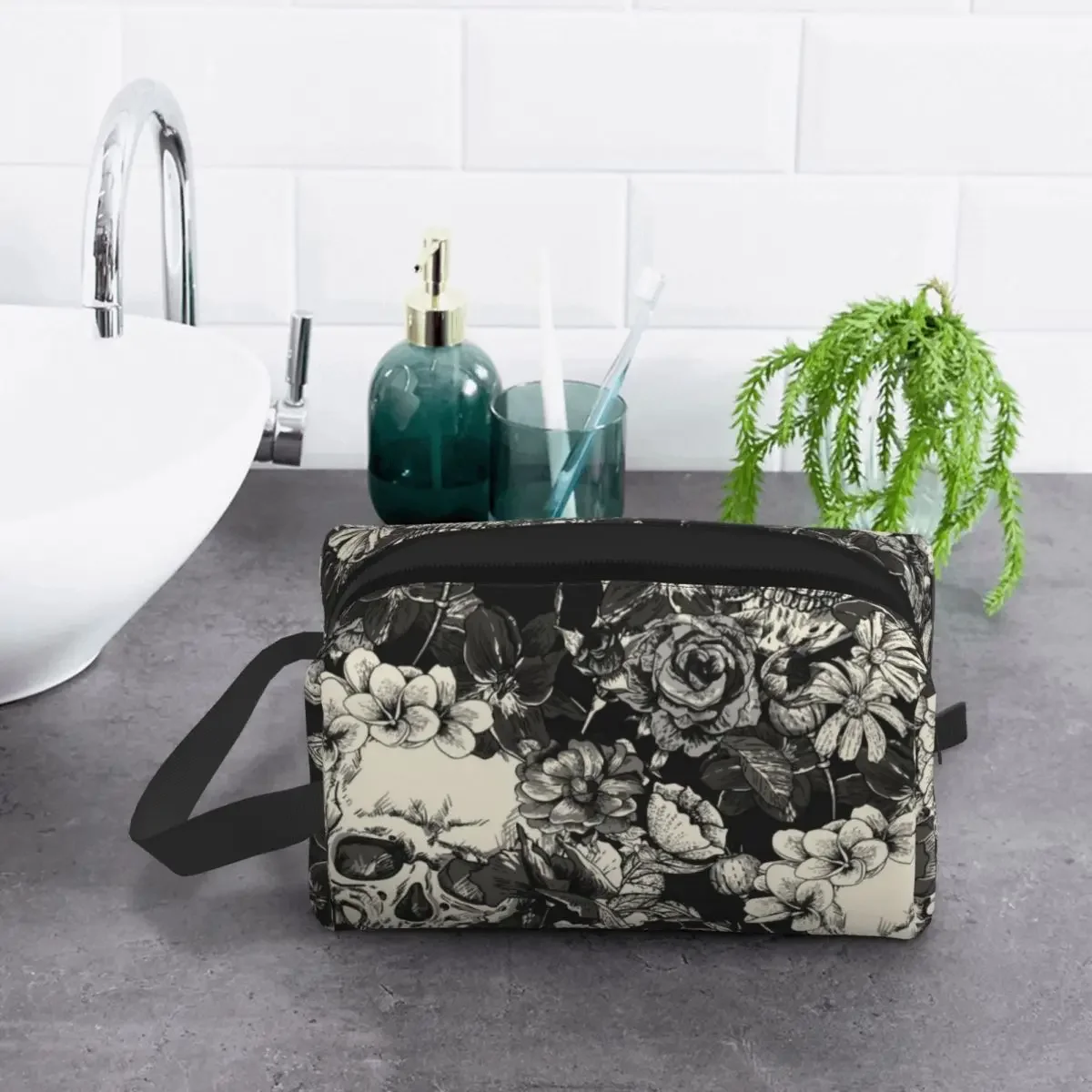 Kawaii Skulls And Roses Travel Toiletry Bag for Women Gothic Moth Cosmetic Makeup Bag Beauty Storage Dopp Kit