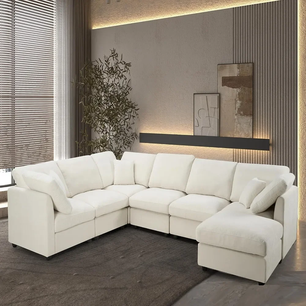 117 Modular Sectional Sofa,U-Shaped Chenille Sofa Couch with Movable Ottoman,Modern 7 Seat Cloud Sectional Couches for Living