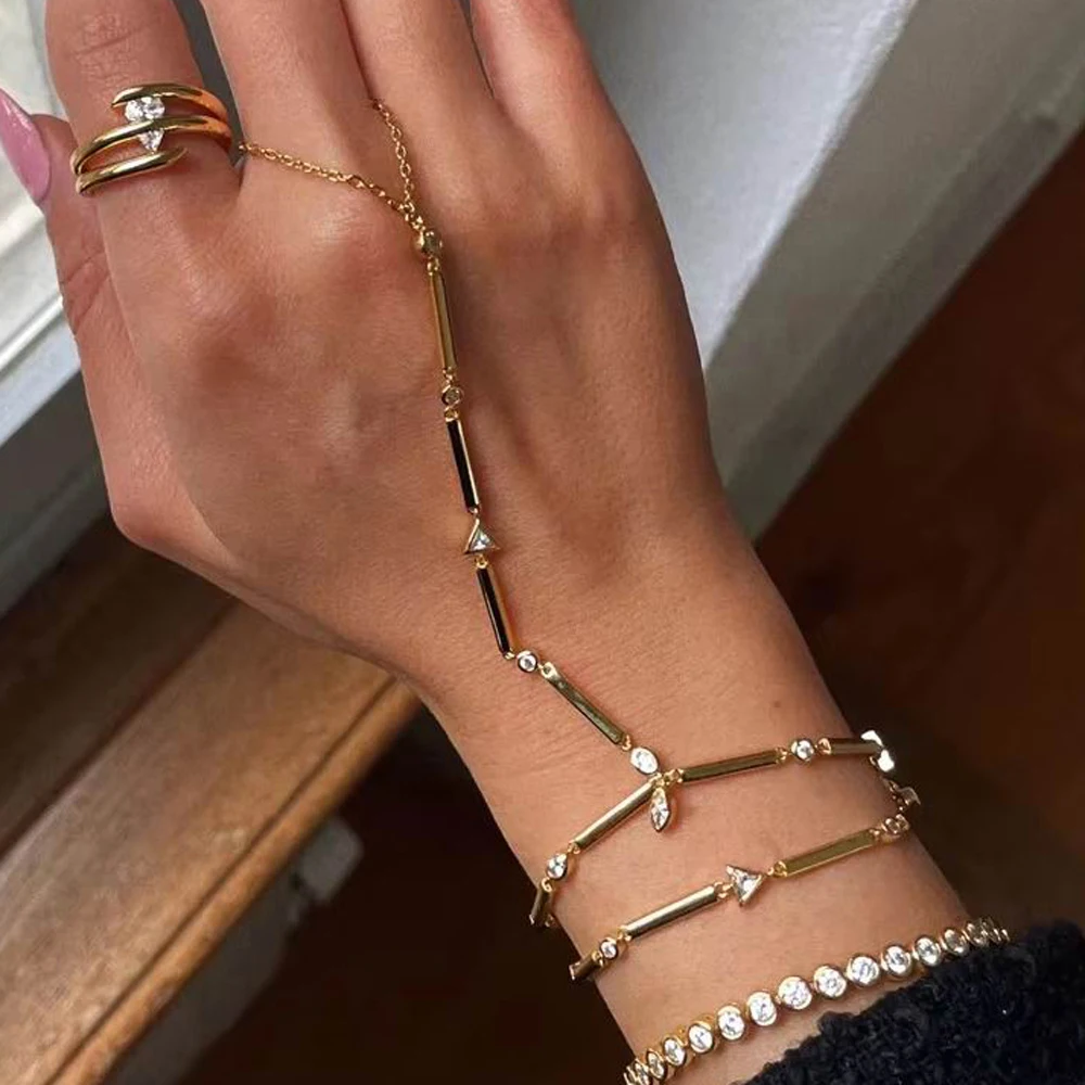 2025 جديد مايكرو معبد بلينغ زركون موضة بسيطة ربط سلسلة فنجر سوار إصبع سلسلة مزدوجة مجوهرات للنساء #4