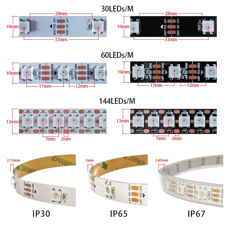 1m/5m WS2812B 30/60/144 diod/m Smartled pikseli RGB indywidualnie adresowalna taśma led czarny/biały PCB WS2812 IC WS2812B 5V