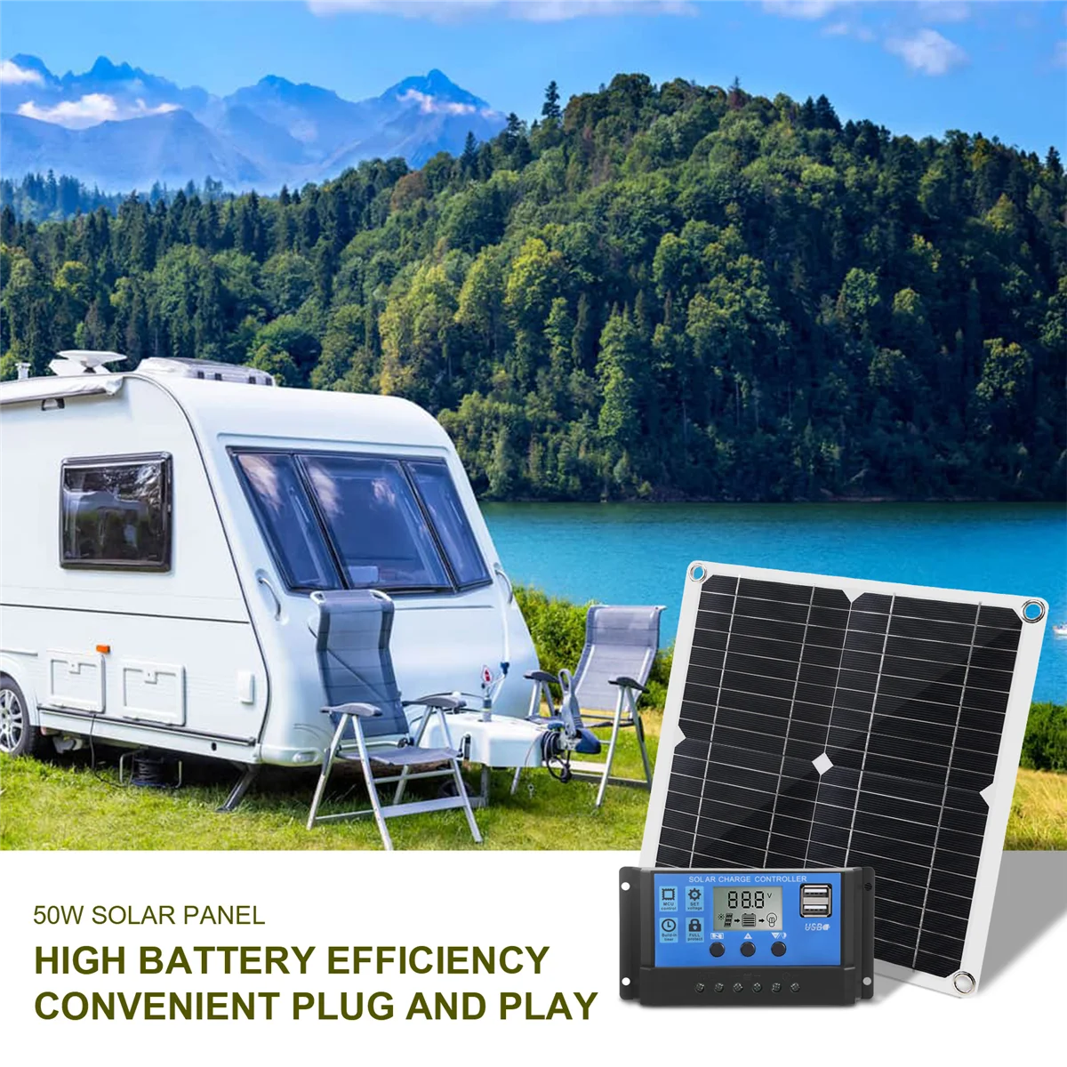 Solar Panel 50W Solar Panel 18V Solar Cells Bank Connector Cover with 100A Solar Controller IP65 for Phone Car RV Boat Charger