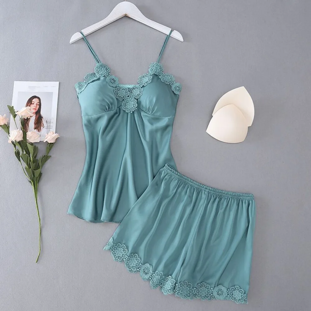

Кружевной пижамный костюм Sweet Ice Silk с v-образным вырезом и подушечкой, шорты на бретельках, ночная рубашка, свободные комплекты одежды для сна из двух предметов без рукавов, летние