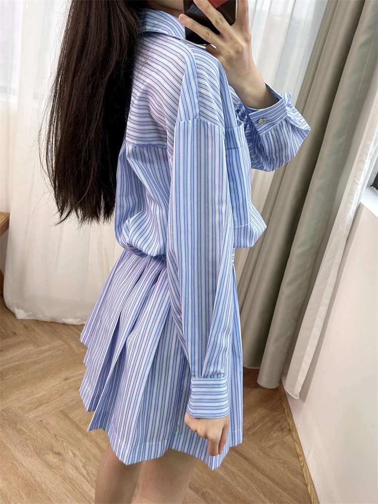 Vacation dress for women Blue and white striped shirt style women\'s dress MA 2024 spring new French style design sense