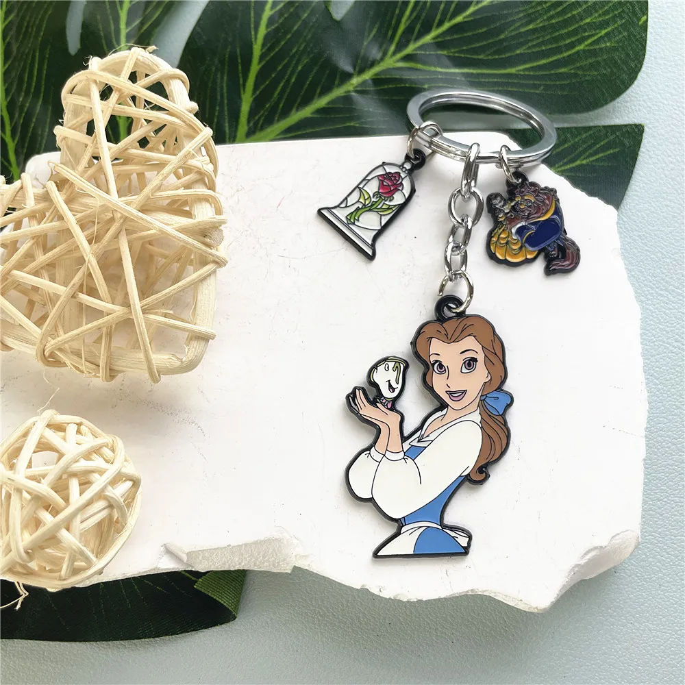 Disney Beauty and the Beast Princess Anime Cartoon Metal Keychain Gifts for woman girl