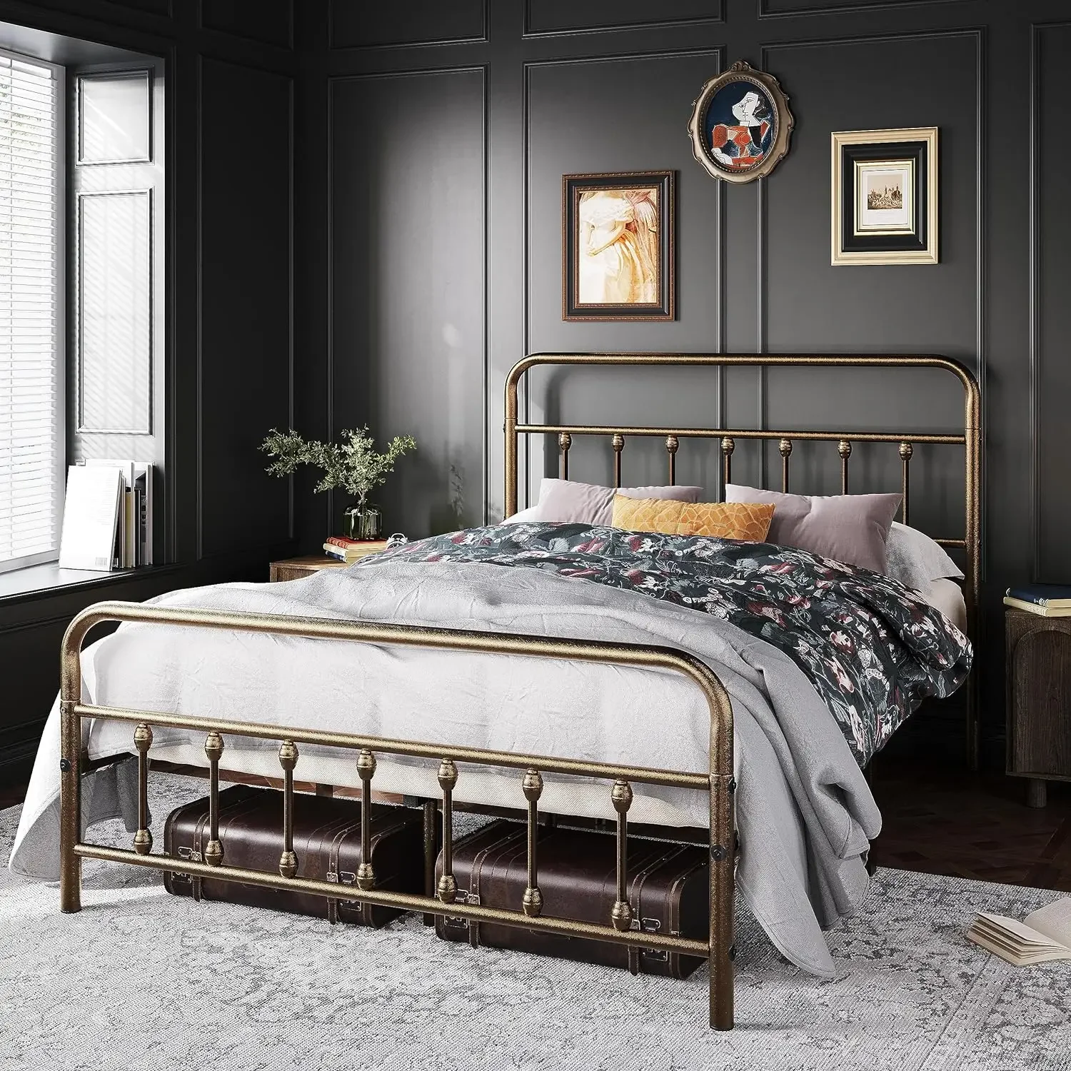 

Size Victorian Style Metal Bed Frame with Headboard/Mattress Foundation/No Box Spring Needed/Under Bed Storage/Strong Slat