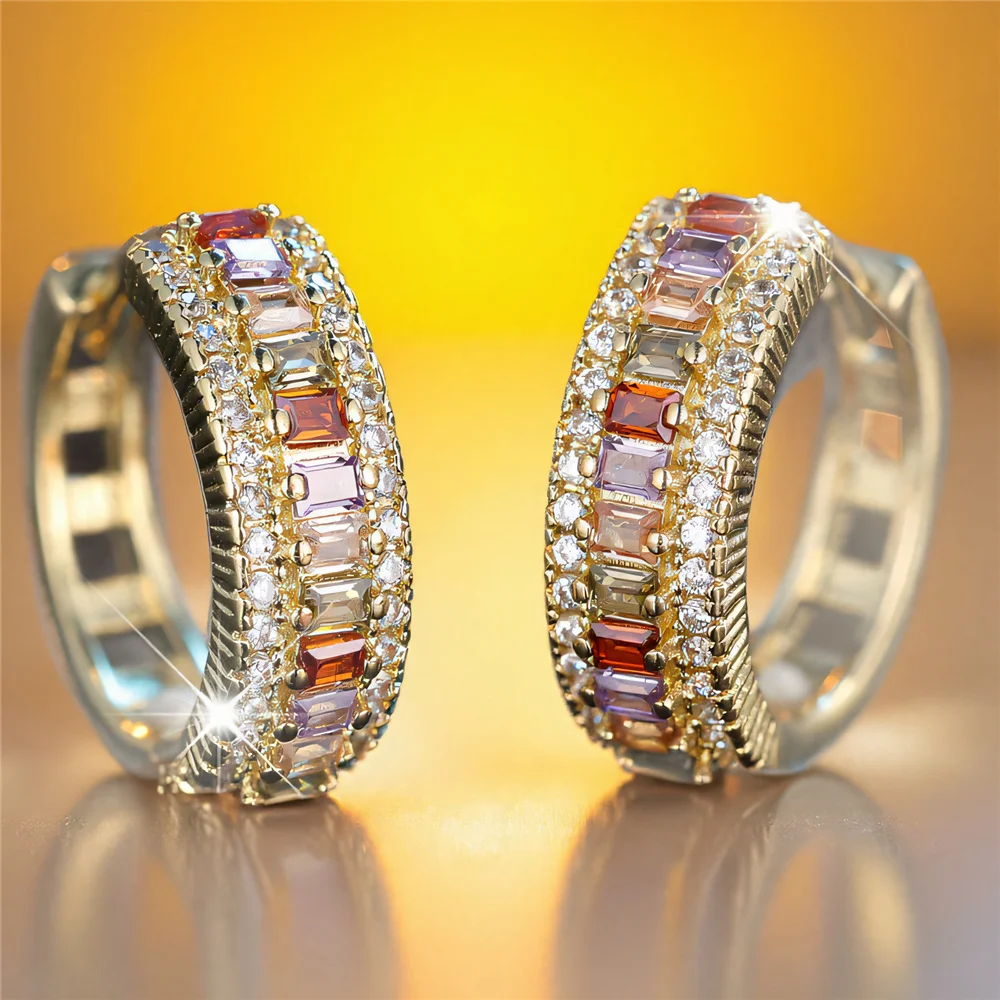 Rainbow Zircon Stone Round Hoop Earrings Luxury Female Gold Silver Color Wedding Jewelry For Women