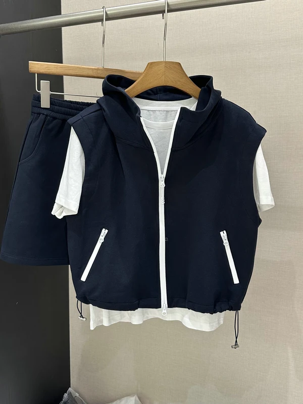 

Korean Sweet Cool Sport Three-Piece Set Spring Summer Hooded Vest T-Shirt Anti-Light Drawstring Skirt Women's Outfit