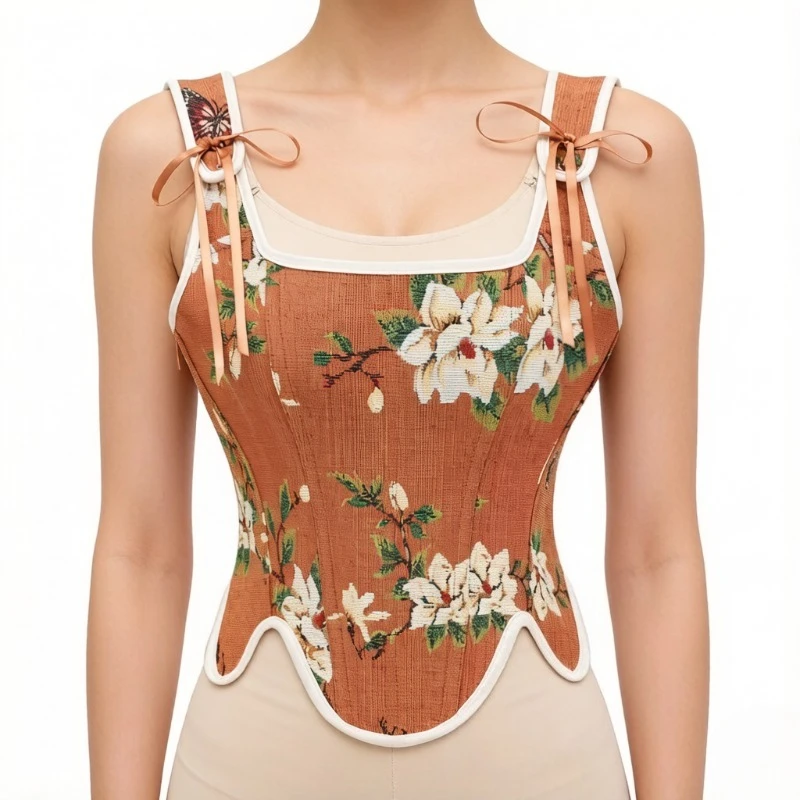 Retro Square Neck Butterfly Floral Corset Top Women Blue Printed Waist Trainer Ribbon Tie Vintage Streetwear Club Wear