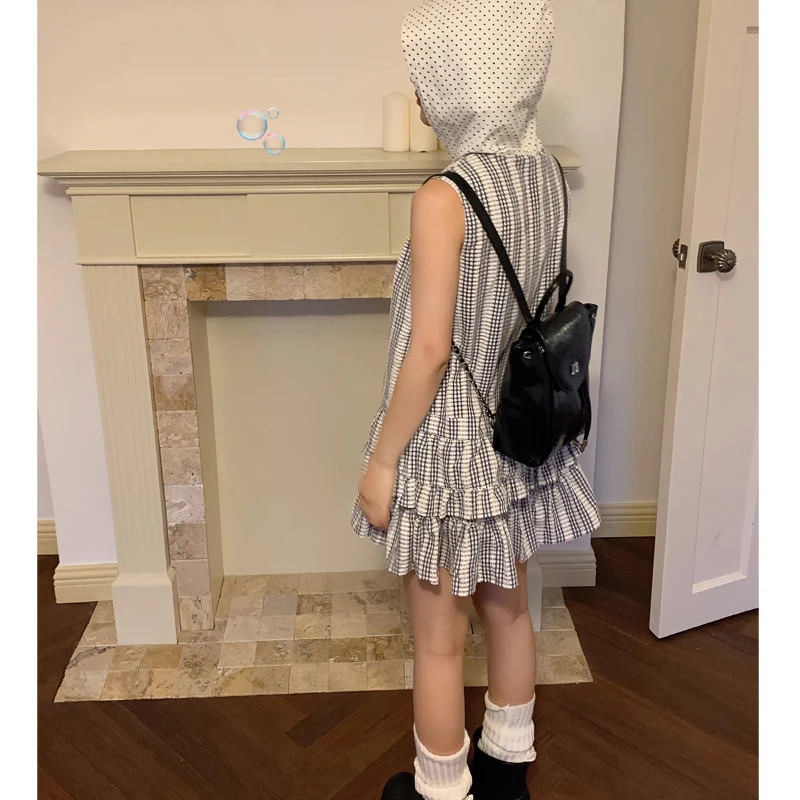 New Plaid Polka Dot Hooded Women's Dress Original Hem Fluffy Cute Small Flower Buttons Age-reducing Sleeveless Dresses Ladies