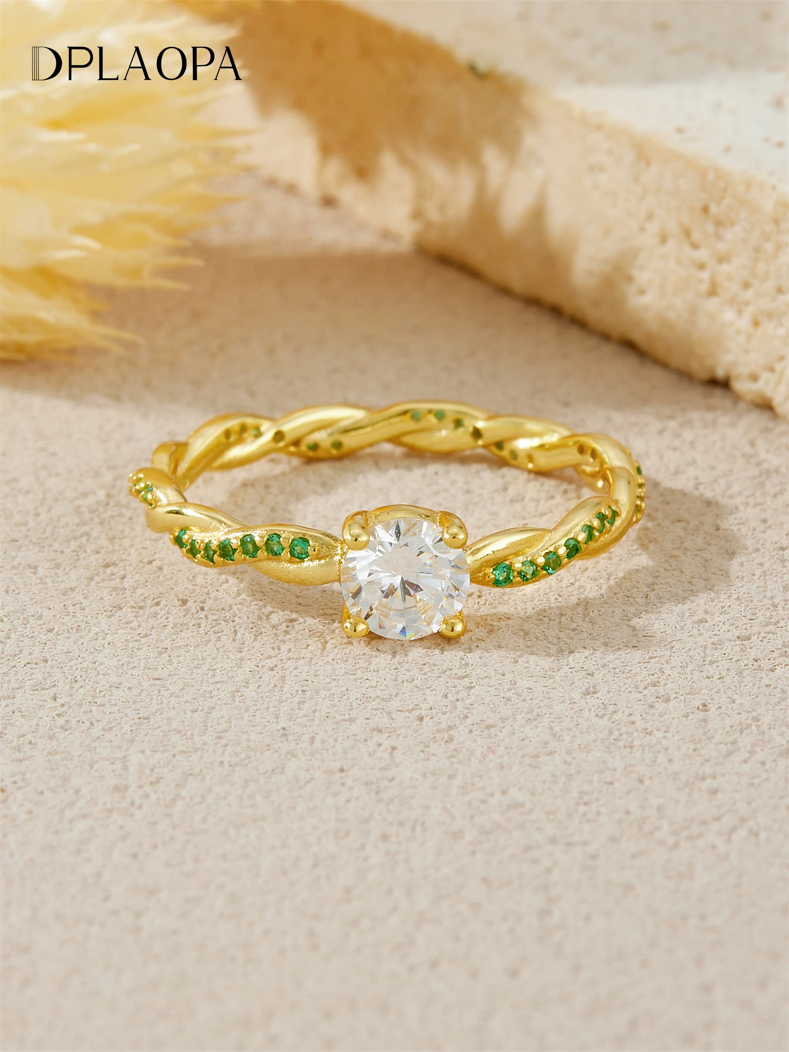

DPLAOPA Women 925 Sterling Silver Twisted Ring with Big Zircon & Green Crystals - Elegant Statement Jewelry 2025 Promise Gift