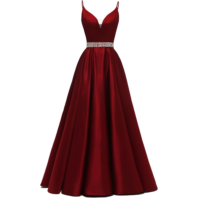 

Satin Prom Dresses Long for Women 2025 Spaghetti Straps Beaded V-Neck Formal Evening Party Gowns Yexinbridal