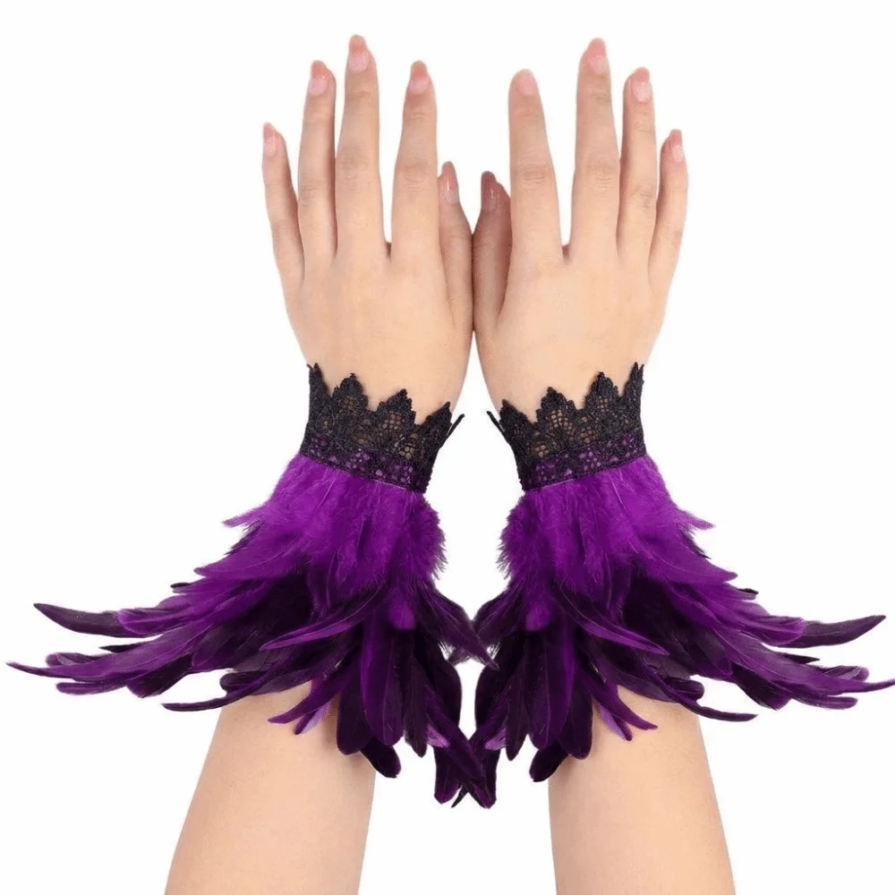 New Black Fluffy Feather Wrist Cuffs Adjustable Lightweight Halloween Arm Cuff Gloves Lace Gothic Plume Bracelet Themed Party