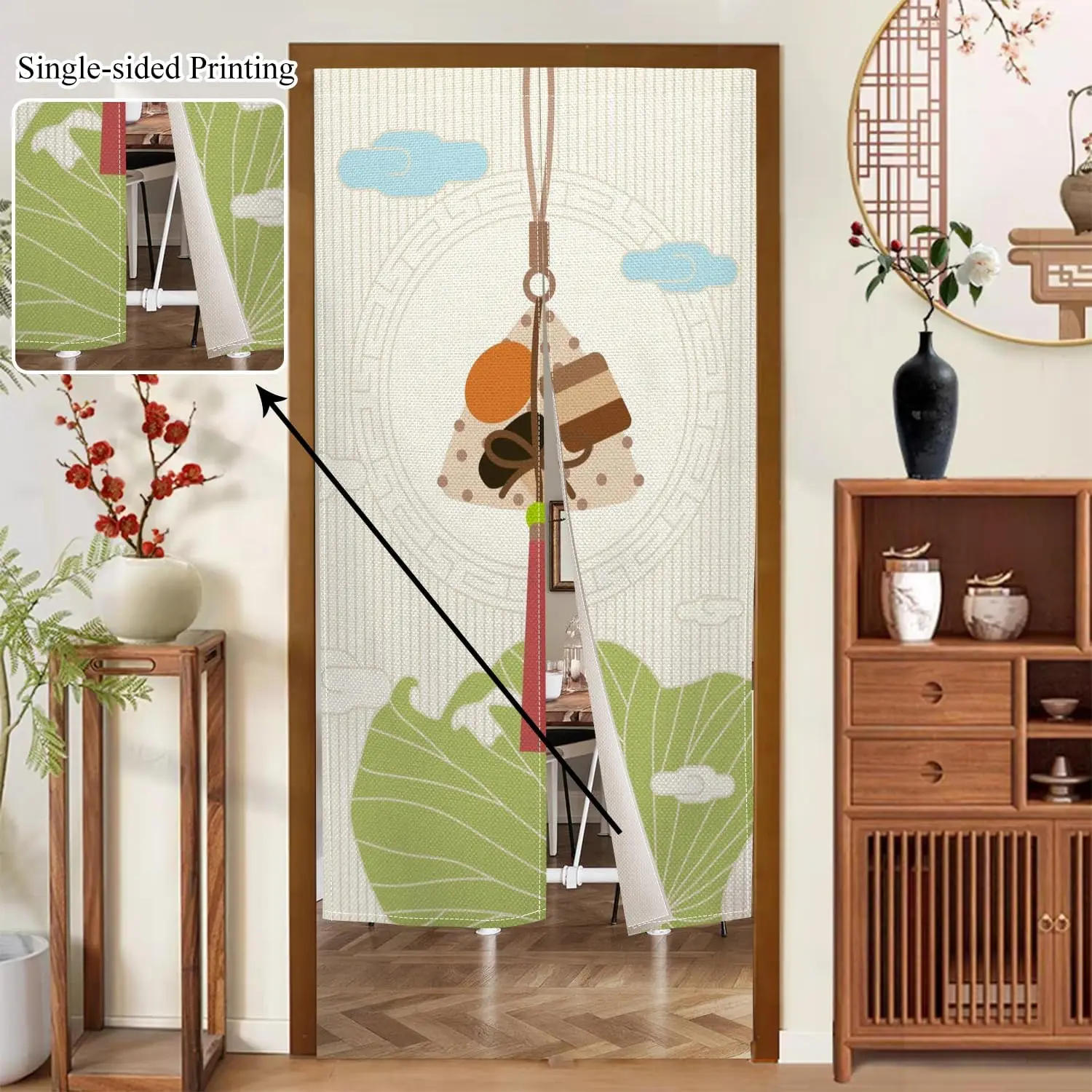 Chinese Dragon Boat Festival Zongzi Linen Noren Curtain Lotus Leaf Pattern Door Curtain Home Restaurant Tea House Privacy Decor